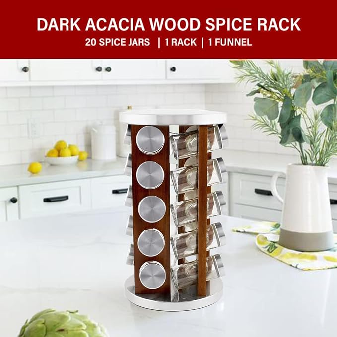 Orii Dark Acacia Wood Spice Rack with 20 EMPTY jars with Stainless Steel Lids and FREE Stainless Steel Funnel and Labels