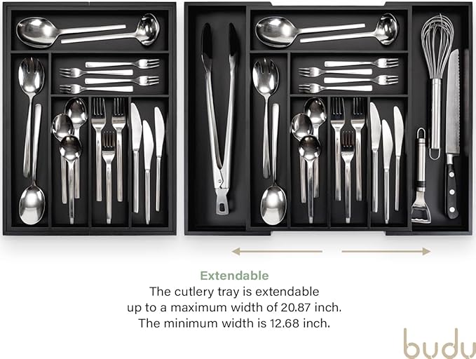 budu Silverware Drawer Organizer #16.9" Depth – Black - Utensil Holder, Kitchen Drawer Organizers for Flatware, Cutlery – Perfect Utensil Organizer for Silverware & Other Kitchen Organization Tools