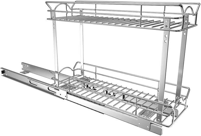 OCG Slide Out Cabinet Organizer for Narrow Cabinet (7" W X 17" D), 2 Tier Pull Out Shelves Slim Sliding Cabinet Organizer and Storage, Chrome