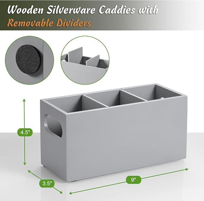 DRASTAR Wooden Silverware Caddy, Flatware Cutlery Holder, Kitchen Utensil Holder for Countertop, Silverware Organizer Containers for Party, Gray