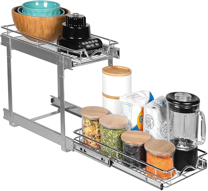 HOLDN’ STORAGE Pull Out Cabinet Organizer 2 Tier – Heavy Duty Metal with Lifetime Limited Warranty -Anti Rust Chrome Finish -8.5" W x 21" D x 16-1/2"H