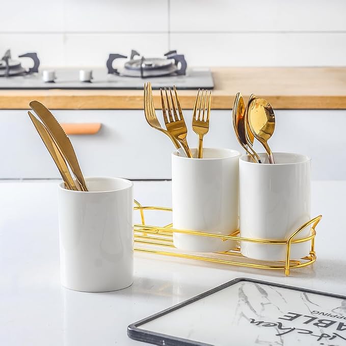 3-Piece White Ceramic Silverware Caddy with Golden Metal Rack, Utensil Holder Flatware Caddy Cutlery Storage Organizer for Kitchen Table (White+Gold)