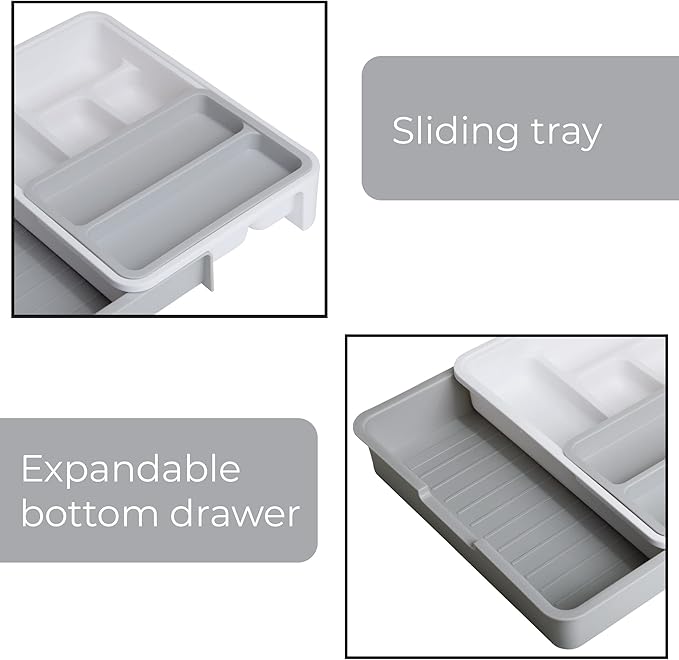 Smart Design 7 Compartment Expandable Drawer Organizer - Sliding Tray - BPA Free - Utensils, Flatware, Office, Personal Care, or Makeup Storage - Kitchen - White with Gray