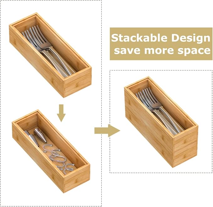 Bambloom Bamboo Kitchen Drawer Organizer, Stackable Silverware Tray Utensil Organizer Cutlery Holder for Kitchen Drawers, Wooden Storage Box for Bathroom Countertop, Multi-Use Drawer Organizer for