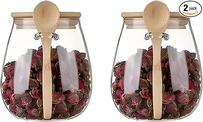 Airtight glass jar storage container with bamboo lid Set of 2, wide mouth, leak-proof, With a spoon, can be used for coffee beans, tea leaves, grains, dried fruits, etc (Middle)