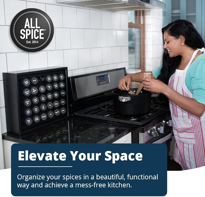 AllSpice Wood Spice Rack, 525 Unique Labels, Countertop or Wall Mount, Includes 30 4oz Jars- Matte Black