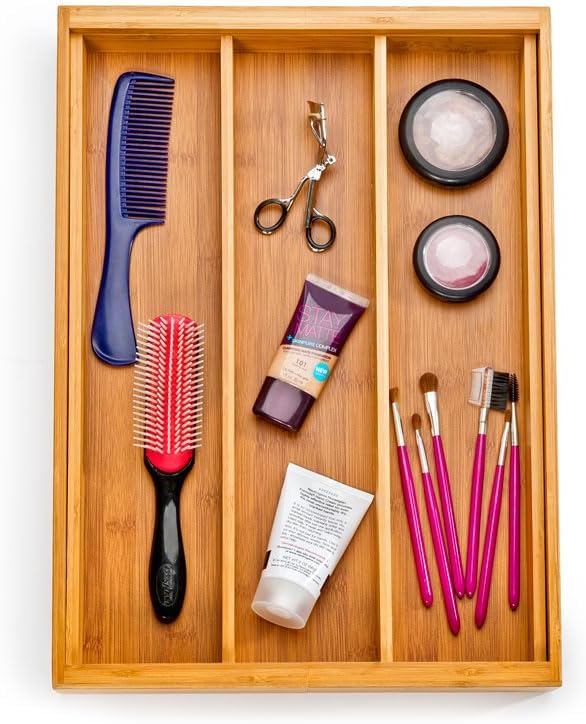 Seville Classics Bamboo Premium Organizer Storage Bins for Kitchen Silverware, Pantry, Closet, Office Desk, Pens, Utensils, Makeup, K Cup, Bamboo, Expandable Tray (5 Compartment)