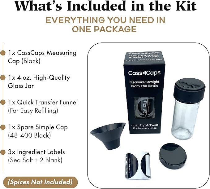 Glass Spice Jars & Measuring Caps Set - Twist Cap Measures 1/4 Tsp Spice Container Keeps Spices Fresh & Organized - 4oz Spice Jars with Lids Includes Labels & Funnel – 1 Pack