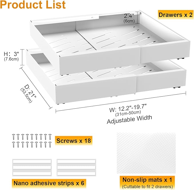 2 Pack 21" Deep Pull Out Drawers for Cabinets, Expandable Slide Out Drawers for Kitchen Cabinets, Pull Out Cabinet Organizer Roll Out Shelves for Pantry(Width 12.2"-19.7", White)