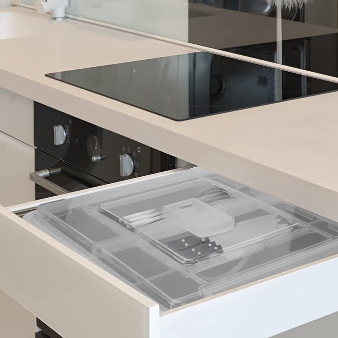 Silverware Organizer with Cover, Portable Cutlery Holder Flatware Tray with Lid Plastic Silverware Storage Box 5 Compartments for Kitchen Drawer (grey)