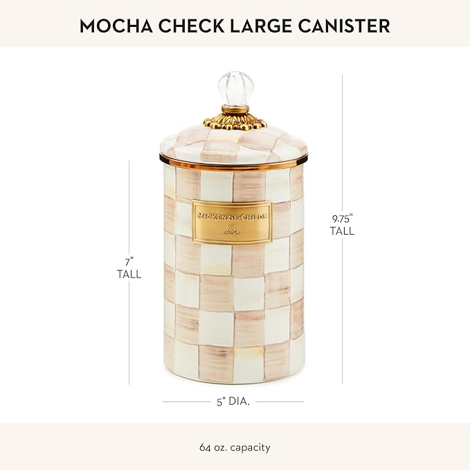 MACKENZIE-CHILDS Large Enamel Canister, Kitchen Storage Container with Lid, Brown-and-White Mocha Check