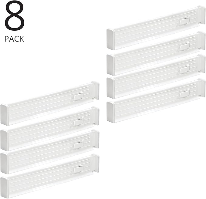mDesign Expandable Kitchen Drawer Divider with Foam Ends, Adjustable Drawer Dividers with Strong Secure Hold, Dividers Lock in Place to Organize Drawers - Ligne Collection - 8 Pack - White