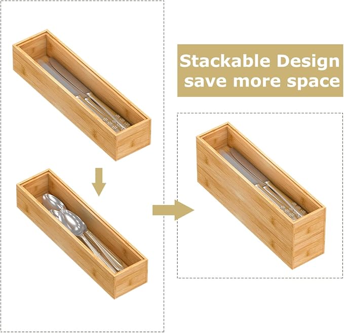 Bamboo Drawer Organizer Storage Box Kitchen - Wood Stackable Tray Set of 2 (12x3x2 inch)