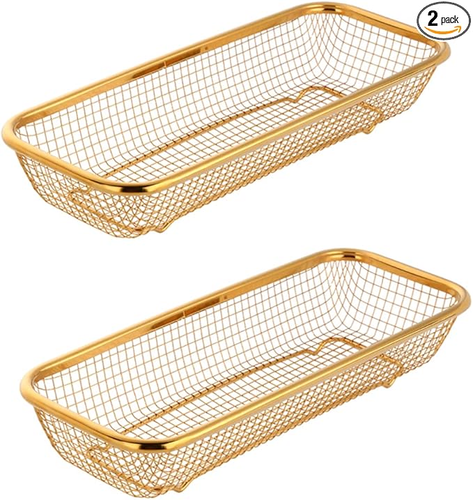 Kitchen Drawer Organizer, BuyGo Stainless Steel Storage Container Gold Metal Cabinet Storage Basket for Holding Silverware Kitchen Utensil, Pack of 2