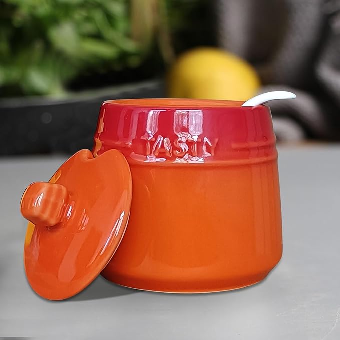 2pcs Salt Cellar Set, Ceramic Salt Cellar With Lid & Spoon,Sugar Bowl,Salt and Pepper Shaker Set Spice Jars for Kitchen Storage(Orange Yellow)