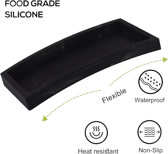 Small Bathroom Vanity Silicone Tray for Counter, Rectangle Dish Soap and Sponge Holder for Kitchen Sink, Perfume Organizer for Dresser, Marble Black