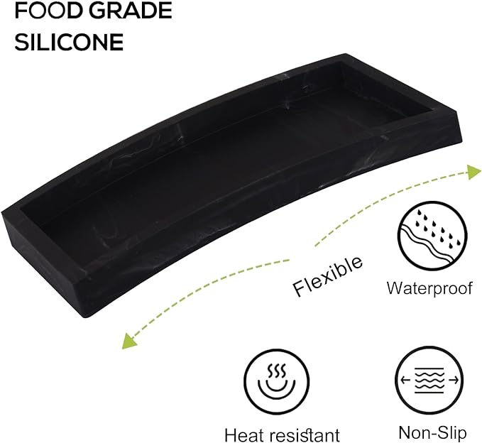 Bathroom Trays for Counter, Slicone Vanity Trays for Bathroom, Rectangle Sponge Holder for Kitchen Sink - Marble Black
