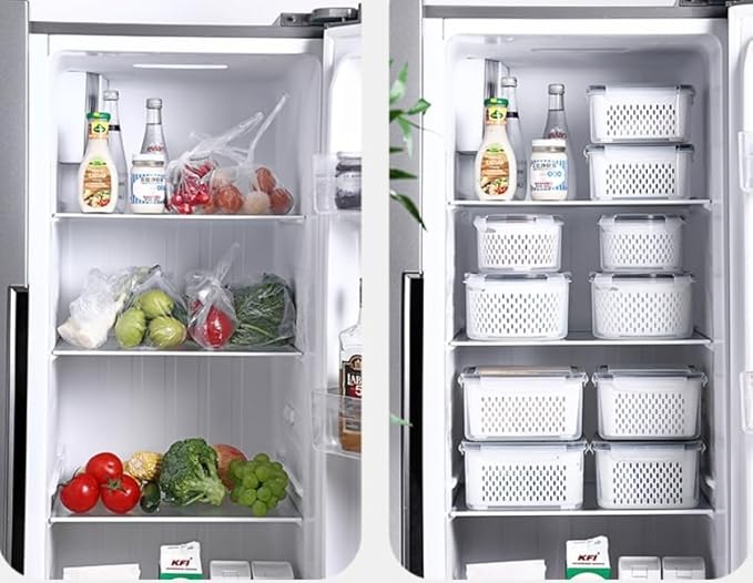 4 Pack Large Airtight Fridge Food Organizer Containers, Fruit and Vegetable Storage Containers with lids, Portable Outdoor Picnics Food Storage with Removable Colanders(4.15L+3.15L+1.7L+0.8L)