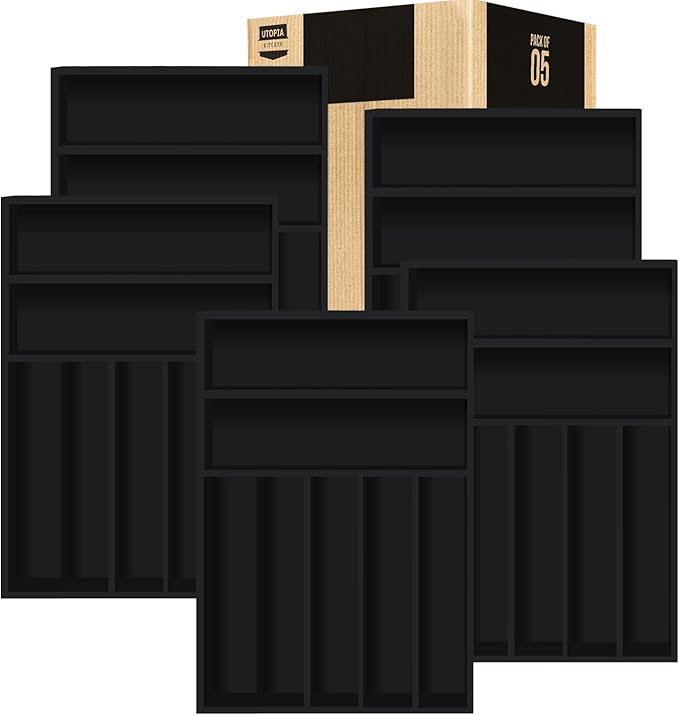 Utopia Kitchen Silverware Organizer, Bamboo Utensil Drawer Organizer for Cutlery, Utensils & Flatware (7 Compartment, Black) Pack of 5