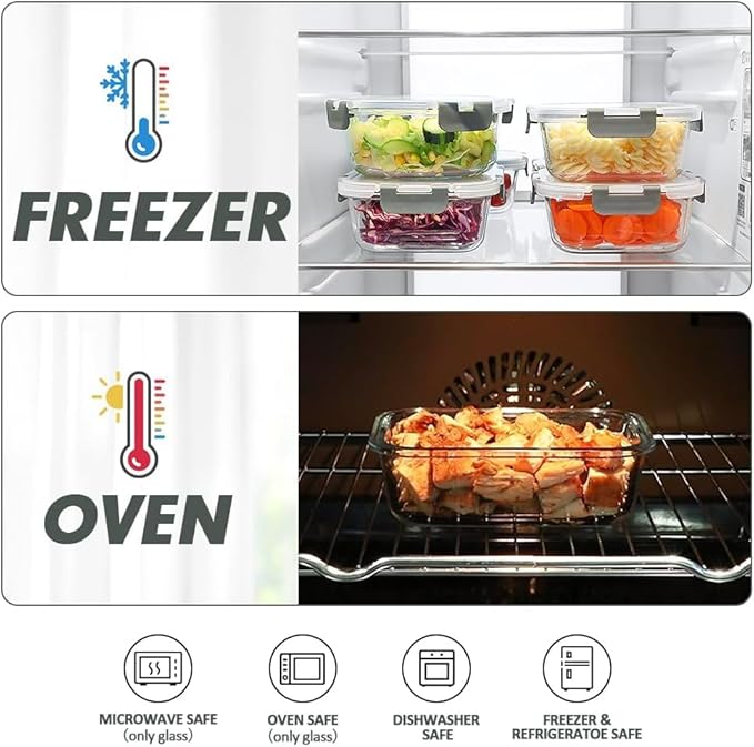 VERONES 24 Pieces Glass Food Storage Containers Set, Airtight Glass Lunch Containers, Glass Meal Prep Containers with Lids,Exclusive of BPA, for Microwave, Oven, Freezer & Dishwasher Friendly,Grey