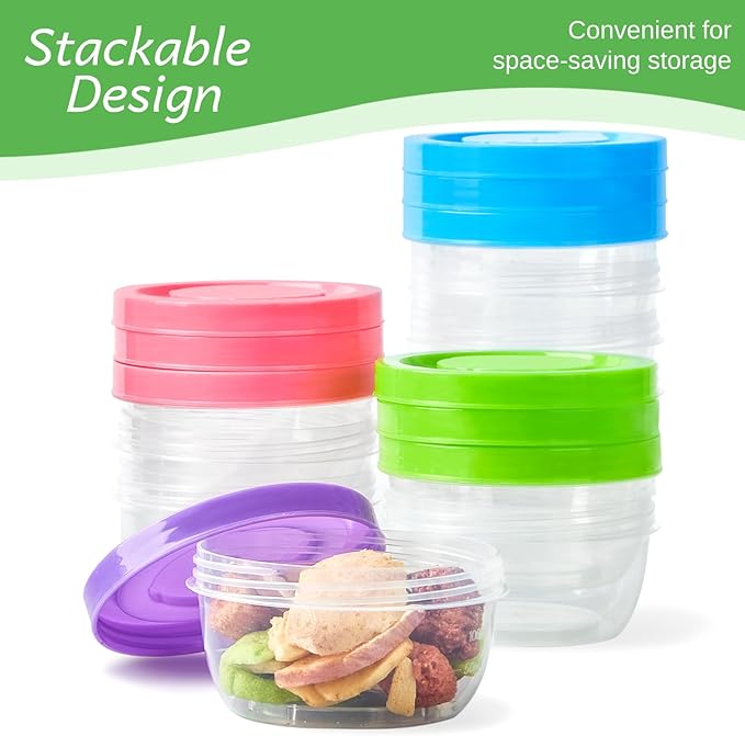 Zezzxu 5 oz Small Freezer Storage Containers with Screw Lids, 12 Pack Reusable Plastic Food Jars Stackable Deli Containers (Microwave & Freezer Safe)