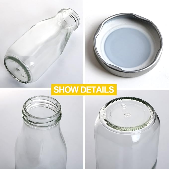 QAPPDA 12 oz Glass Bottles, Clear Glass Milk Bottles with Silver Metal Lids, Vintage Breakfast Shake Clear Container, Vintage Drinking Bottle with Whiteboard Labels and Pen for Party,Kids,Set of 20