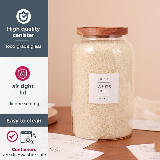High Borosilicate Large Glass Jar with Airtight Acacia Lid and 132 Kitchen Panty Labels Preprinted - 94 Fl Oz Thicken Big Glass Food Storage Container Canister for Flour, Sugar, Rice, Cookie, Cereal