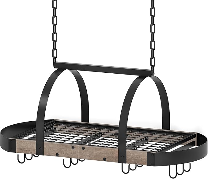 Hanging Pot Rack, Pot Hanger for Kitchen, Ceiling Mounted Pot Holder, Cookware Organizer with 12 S-Shaped Hooks, for Pot, Pan Storage, Space-Saving, Greige and Black TPR08BGC1