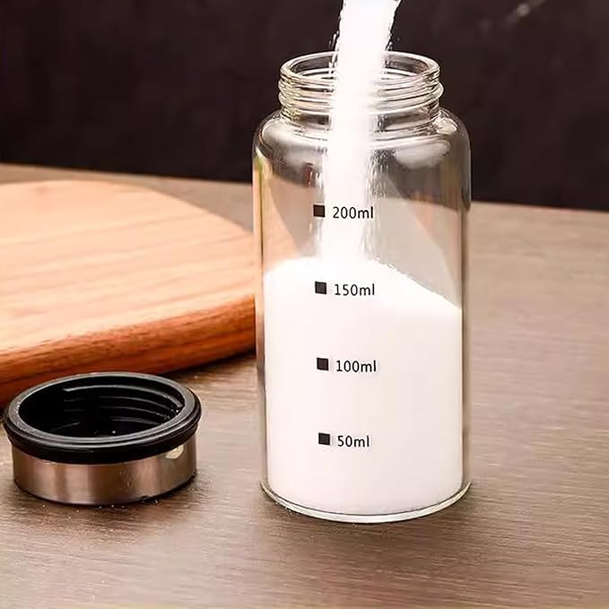 7 oz Salt and Pepper Shaker Set with 304 Stainless Cover Adjustable Outlet Holes Glass Spice Jars Dispenser Seasoning Cans for Kitchen Decor and Home Restaurant BBQ Camping Kitchen Accessories (2Pcs)