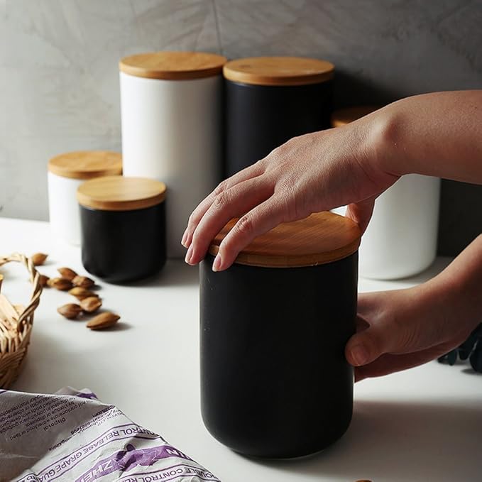 1000ml/34 oz Air Tight Jars Ceramic Storage Containers with Airtight Seal Bamboo Lids Kitchen Canisters for Tea Sugar Coffee Spice Seasoning And More