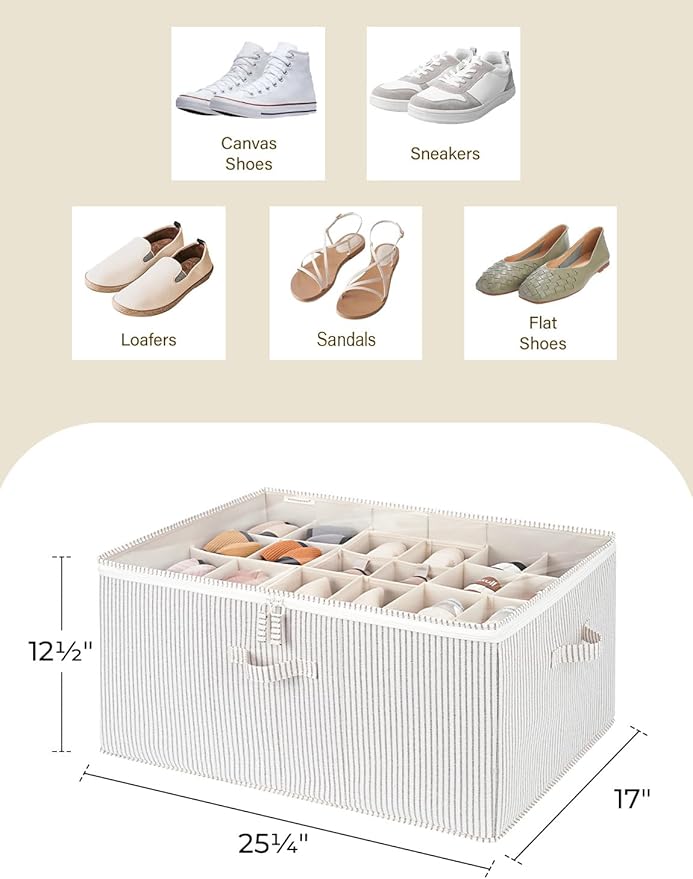 StorageWorks Shoe Organizer for Closet, Fits up to 24 Pairs, Shoe Cubby Storage Containers with Adjustable Dividers and Clear Cover, Gray and White Stripes