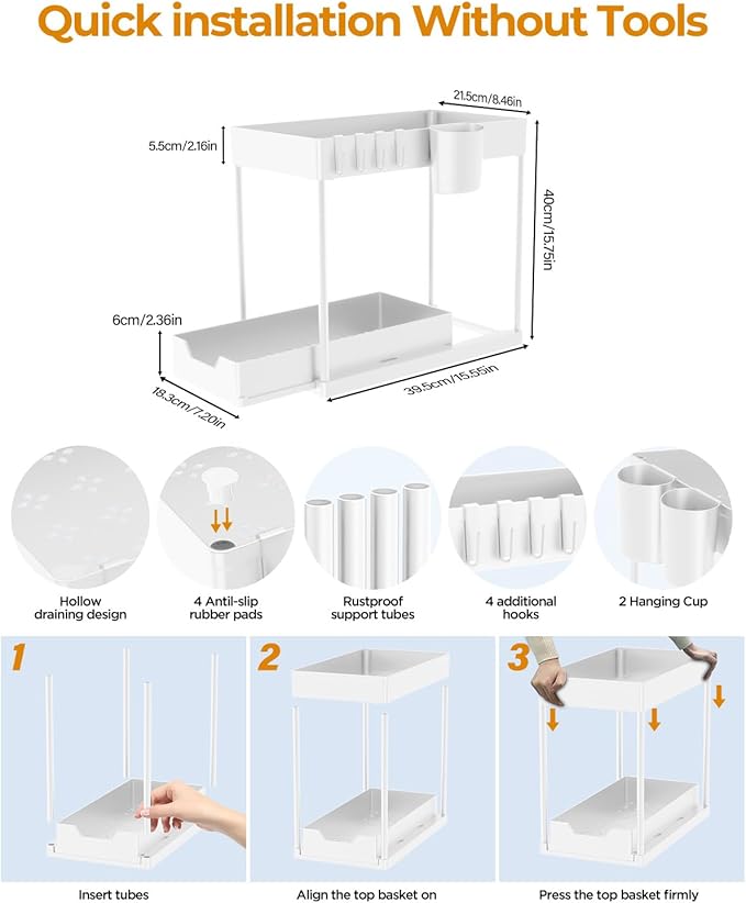 Under Sink Organizers and Storage Bathroom 2Pack, 2 Tier Kicthen Cabinet Basket Organizer, with Hooks, Hanging Cup, Dividers, Handles, Multi-purpose Under Sink Shelf Organizer, White