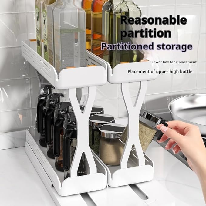 Set of 2 Sliding Spice Rack Organizers - Pull & Rotate Seasoning Storage for Cabinets, Slide-Out 2-Tier Kitchen Shelves with Non-Slip Base (11.8"" D x 6.5"" W x 8.5"" H), General, White
