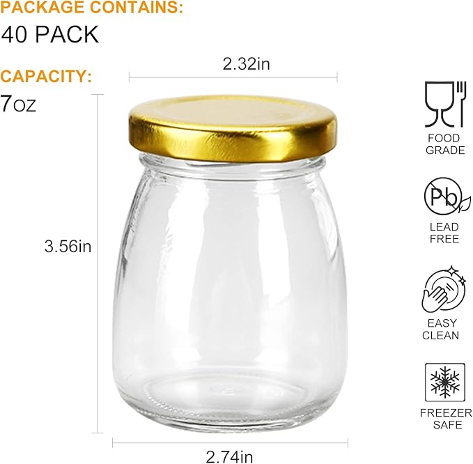 Small Glass Pudding / Yogurt Container With Airtight Lids,7oz Clear, For Milk,Jams,Jelly,Mousse,Fvaors,Spice, Food Storage Jars Sets 40Pack