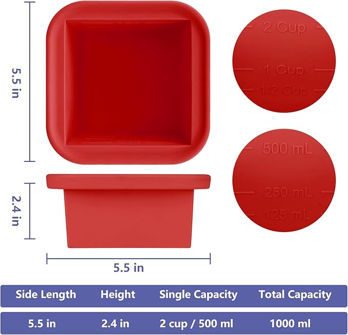 2 Cup Silicone Freezer Trays with Lid 4 Pack Silicone Soup Freezer Molds Soup Containers Make 4 Perfect Soups, Broths, Stews, Sauces, Curries(Red)