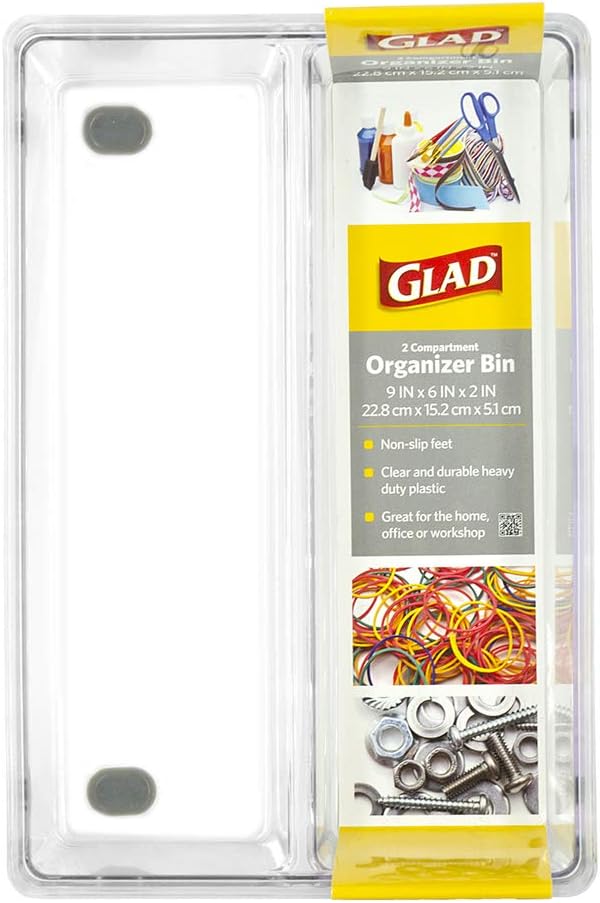 Glad Plastic Drawer Storage Tray – Heavy Duty Organizer Bin for Home, Kitchen, Bath, Bedroom, Office | Non-Slip Feet, 2-Compartment, Clear