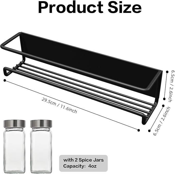 Magnetic Spice Rack for Refrigerator Magnetic Shelf for Side of Refrigerator Microwave Moveable and Powerful Magnetic, with 2 Spice Jars, Space Saving Kitchen Organizer (Black)
