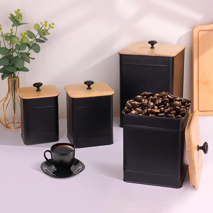 Black Canisters Sets for the Kitchen Counter,Flour Sugar Storage Containers,Metal Farmhouse Kitchen Canisters Set of 4,Coffee Tea Sugar Spice Flour Food Storage Container with Airtight Bamboo Lids