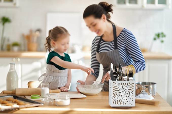 360° Rotating Kitchen Utensil Holder for Countertop, Wooden Utensil Organizer Cutlery Holder, Utensil Caddy Utensil Crock, Silverware Flatware Organizer for Spoons, Knives, Forks, 5.5" x 6.3"