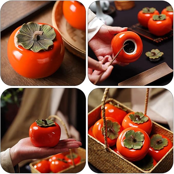 jojofuny 2pcs Ceramic Tea Jar Persimmon Shape Tea Tins Containers with Leaf Lids Orange Ornament Porcelain Tea Pot Food Storage Jar for Table Decoration Orange 200ml