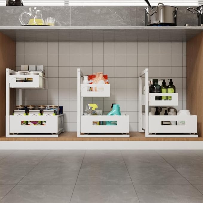 Sturdy Full Metal Organizer and Storage, 7 Height Adjustable, for Under Sink, Kitchen, Bathroom, Pantry, Cabinet, Closet with Mesh Sliding Bottom Drawer, Slides Out & In Smoothly