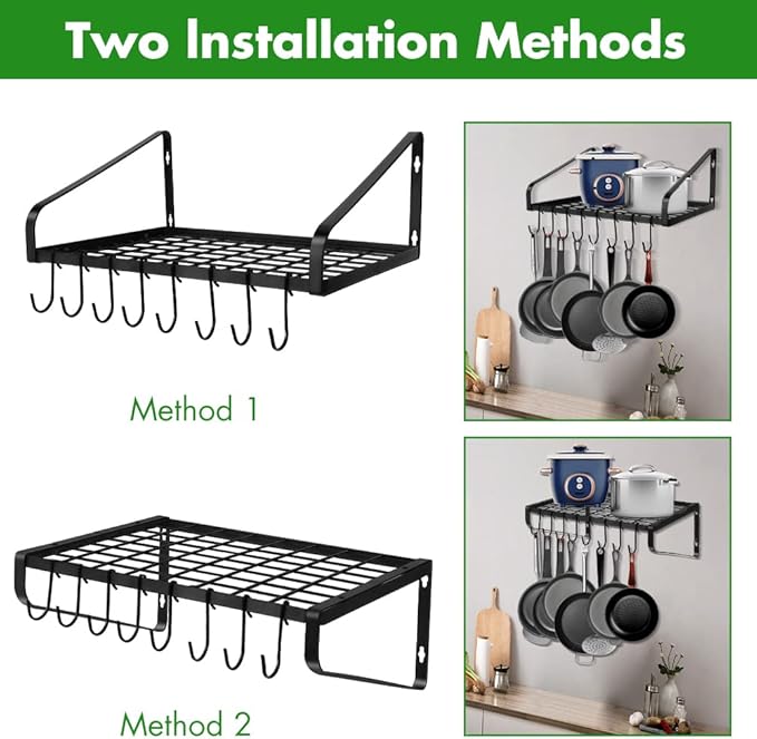 Hanging Pots & Pans Rack,Wall Mounted Pots Pans Organizer Holder Rack with 8 Hooks, Kitchen Wall Storage Organizer Hanger Shelves for Pans Set, Utensils, Cookware, Books, Household,Black