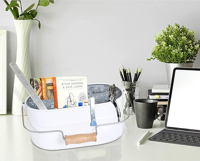 Alpha Living Home - Rustic Galvanized Metal Utensil Caddy – 4-Compartment Organizer with Removable Handle, White Farmhouse Chic Design for Kitchen, Picnics & Parties (13.5"x10"x5.5")