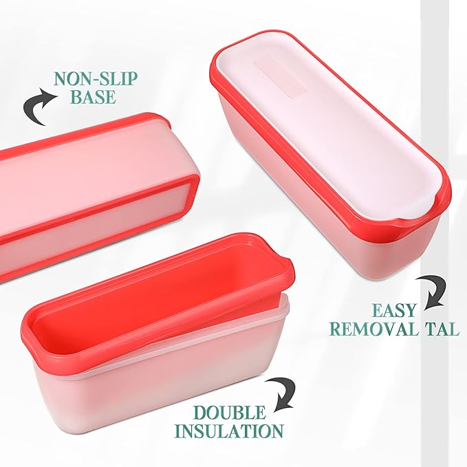 Nuenen 4 Pcs Reusable Ice Cream Containers with Lids and a Scoop 1.5 Quarts Plastic Rectangle Dessert Storage Tubs Homemade Ice Cream Storage Containers for Freezer Kitchen Refrigerator (Cute Colors)