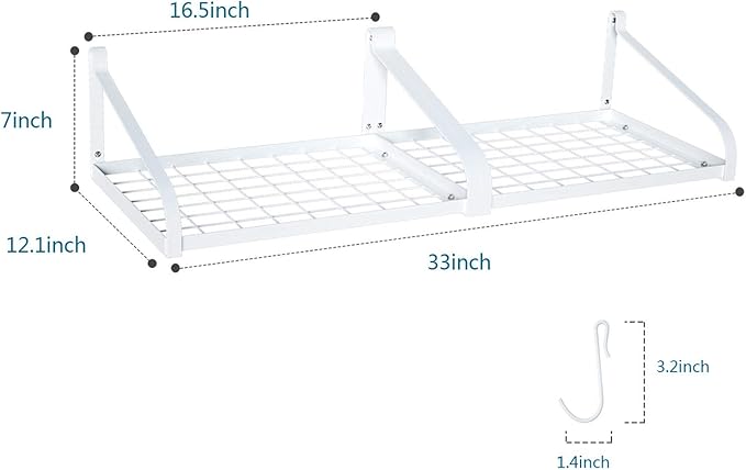 Love-KANKEI Pot Rack Wall Mounted Set of 2 Pan Pot Organizer Wall Shelves with 16 Hooks for Kitchen Cookware Utensils Organization White