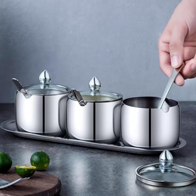 Kitchen Stainless Steel Spice Jars Seasonning Box with Spoons, Seasoning Containers Bottles with Stainless Steel &Clear Glass Cap,10oz for Home and Kitchen (1)