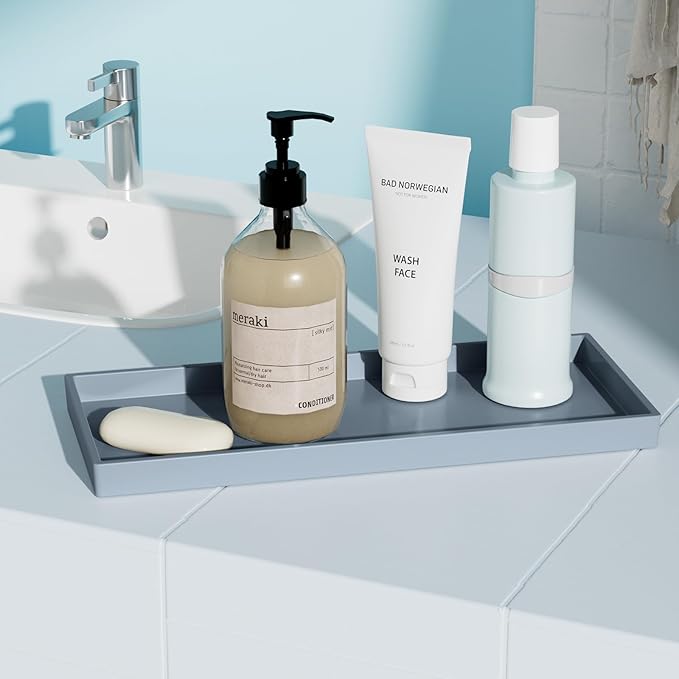 Vanity and Bathroom Tray, 11.8" ABS Countertop Organizer,Waterproof Vanity Tray for Toilet Tank,Perfume,Soap,Keys,Bathroom Accessories,Kitchen and Bath Trays,Non Slip Small Trays,Gray,2 Pack
