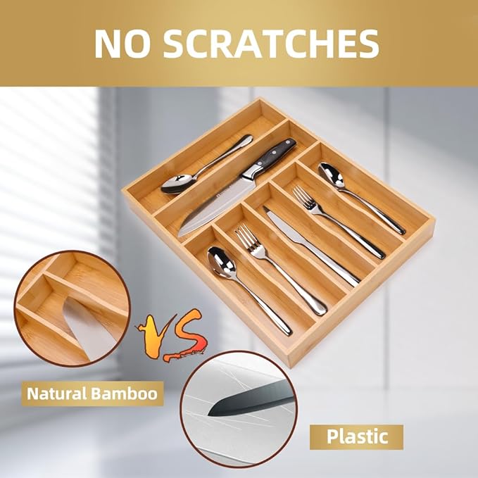 Bamboo Kitchen Drawer Organizer, 13 Inch Silverware Organizer with Extra-deep Grooved Divider, 7 Slots Pure Bamboo Wood Caddy for Flatware Cutlery Knives, Forks, Spoons