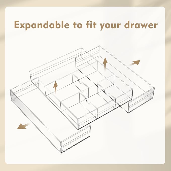1 Pc Acrylic Desk Drawer Organizer Maximum Expandable Drawer Organizer Trays with 8 Adjustable Compartments Desk Accessories for Makeup Silverware Office Bathroom (Clear,Classic)