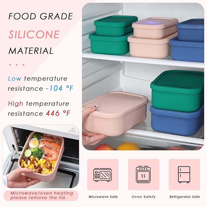 Silicone Food Storage Containers, Set of 3 Rectangular BPA-Free Silicone Lunch Box Containers with Lids, Airtight, Leak-Proof, Freezer, Microwave & Dishwasher Safe (10.2oz, 23.6oz, 44oz)